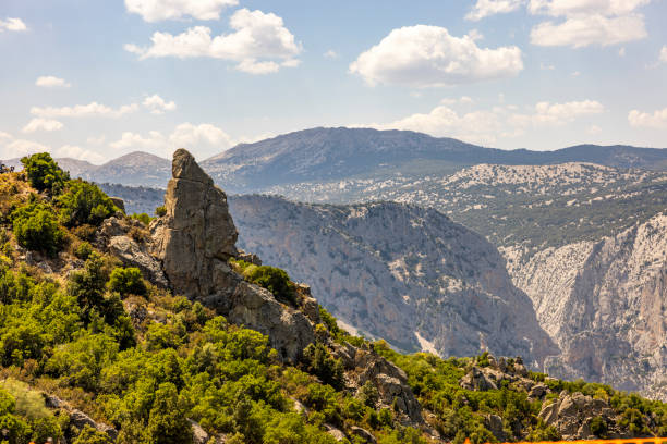 Aerial view of mountain landscape with blue cloudy sky, Sardinia, Italy.