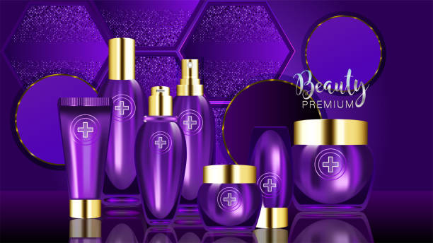 istock Beauty product ad design, purple cosmetic containers with collagen solution advertising background ready to use, luxury skincare banner. 1361863367