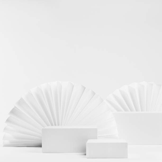 istock Three different size white rectangle podiums template with semicircle paper fans as modern minimal stage mockup for showing, presentation cosmetic product, advertising, design, front view, square. 1361867422
