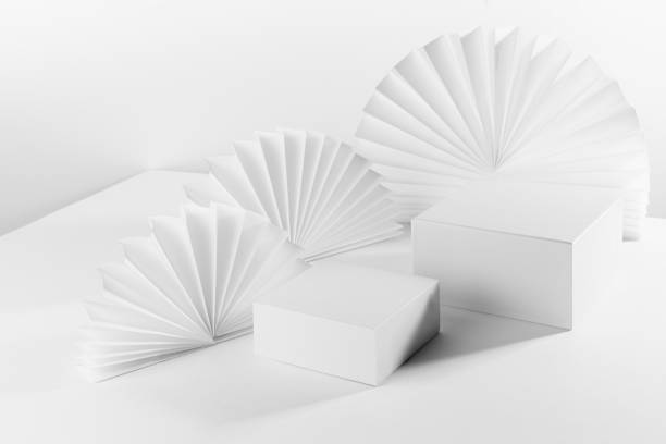 istock White light abstract scene with two square podiums on table mockup as showcase for displaying, presentation cosmetic product, goods with asian round ribbed paper fans, side view, corner, 3d. 1361867456