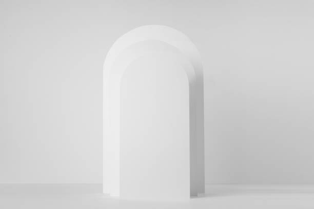 istock Fashion soft light elegant modern abstract scene mockup with white rectangle rounded arches in sunlight with shadows, podium for presentation cosmetic product, goods, display, design, advertising. 1361868091
