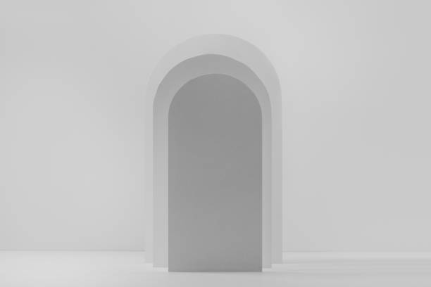 istock Fashion rectangle grey rounded arches as scene mockup in silhouette with shadows as podium for presentation, showing, display of cosmetic product, design, advertising in geometric minimal style. 1361868658