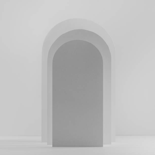 istock Soft light grey rectangle rounded arches in silhouette with shadows as podium on abstract stage mockup for presentation cosmetic product, design, advertising in simple geometric modern style, square. 1361868660