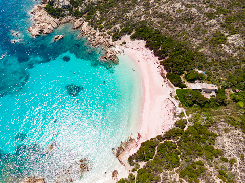 Aerial view of Spiaggia Rosa, Maddalena island, Sardinia, Italy.