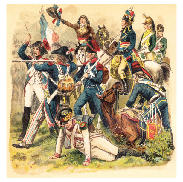 ilustrações, clipart, desenhos animados e ícones de uniformes militares históricos da frança - 1789-1799 (revolução francesa) - ilustração vintage - 1789