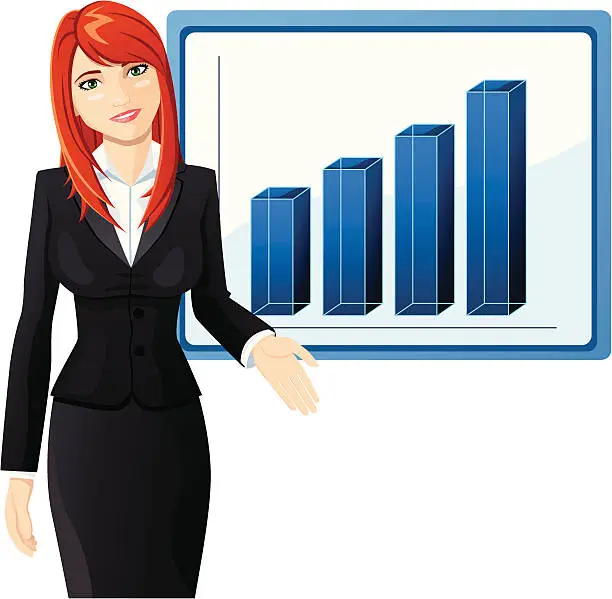 Vector illustration of redhead businesswoman and flipchart