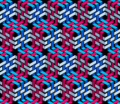 istock Stripy mesh weaving cubes seamless pattern, 3D abstract vector background for wallpapers, op art dimensional optical illusion design. Colorful version. 1361871504