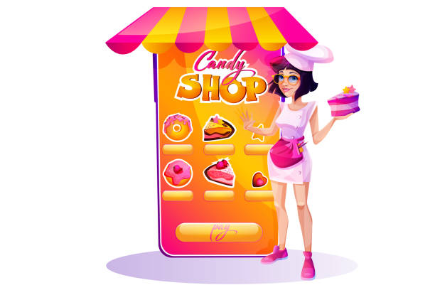 Phone with pastry chef girl in cartoon style with desserts and sweets on isolated white background. Confectionery web page or web store landing page. Graphic vector illustration in EPS 10 format. Vector illustration in EPS 10 format pin up girl cake stock illustrations