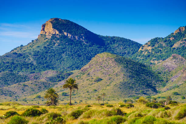 Mediterranean sea coast landscape, spanish coastline in Murcia region. Calblanque Regional Park. Tourist attraction.