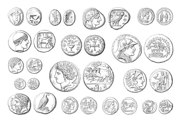 Ancient coins collection (roman and greek) - vintage engraved illustration illustration from Meyers Konversations-Lexikon 1897 ancient coins of greece stock illustrations