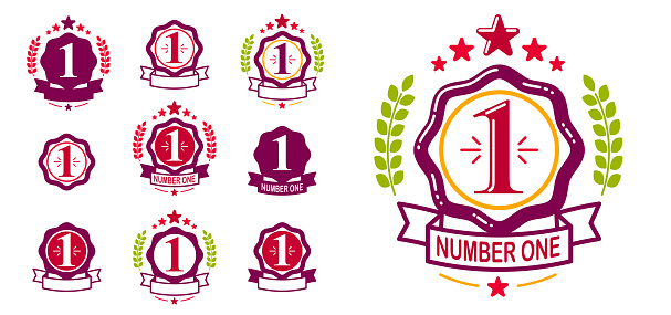 First place number one business success and triumph vector labels set isolated over white, graphic design elements, geometric vintage classic emblems collection, simplistic old style icons.