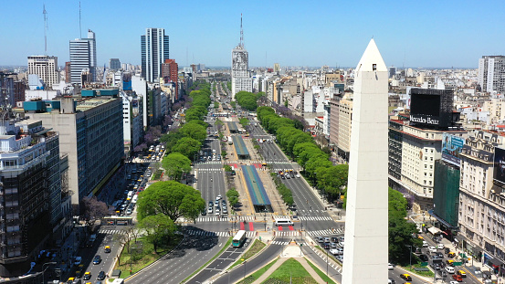 Obelisk of Buenos Aires, historic monument and icon of Buenos Aires, located in the Plaza de la Republica in the intersection of avenues Corrientes and 9 de Julio, Buenos Aires, Argentina