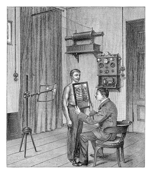 illustrazioni stock, clip art, cartoni animati e icone di tendenza di medico che analizza una radiografia - illustrazione vintage - radiografia