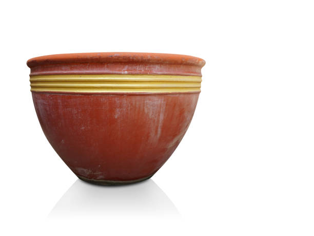 istock antique red and yellow ceramic pot on white background, object, decor, vintage, copy space 1361874000