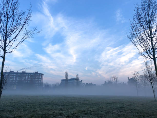 dramatyczne chmury we mgle o świcie - winter lake snow fog zdjęcia i obrazy z banku zdjęć