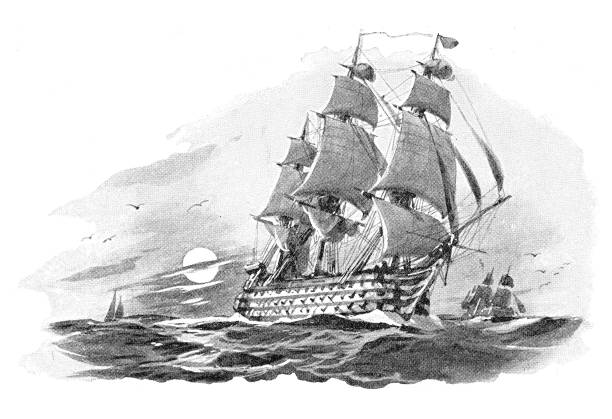 영어 군함 (넬슨 승리) - 빈티지 새겨진 일러스트레이션 - antique ship stock illustrations