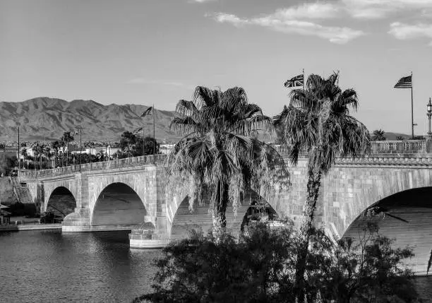 London Bridge in Lake Havasu, old historic bridge rebuilt with original stones in America