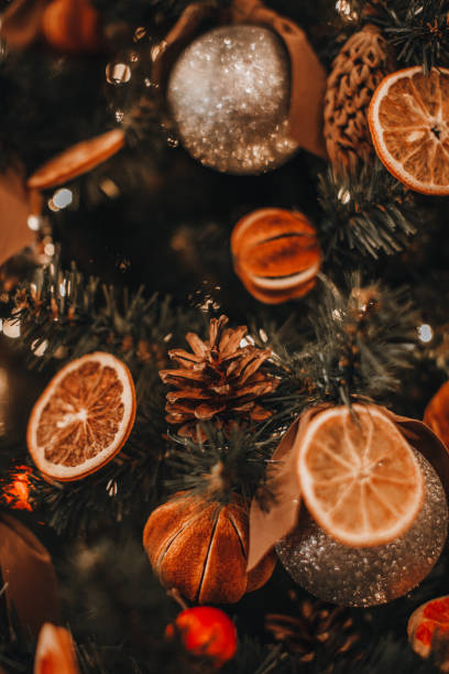 istock Dried mandarins, oranges, cones hanging on the Christmas tree branches. 1361877839