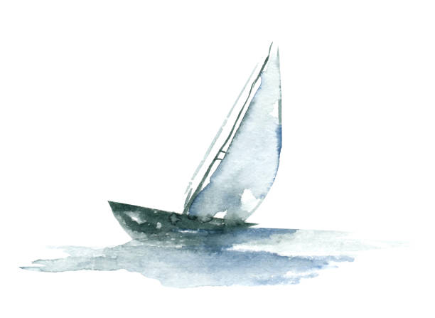 illustrations, cliparts, dessins animés et icônes de yacht en mer avec des mouettes. aquarelle colorée peinte à la main lllustration, papier peint - bateau à voile