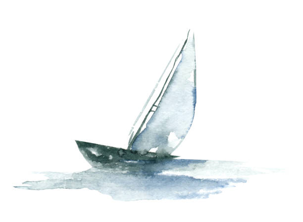 illustrazioni stock, clip art, cartoni animati e icone di tendenza di yacht in mare con gabbiani. acquerello colorato dipinto a mano lllustration, carta da parati - sailboat