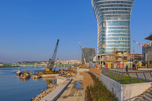 Belgrade, Serbia - November 25, 2021: New Skyscraper Kula Belgrade Waterfront Construction Site Sunny Day.