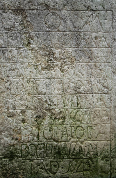 istock Ancient stone with medieval latin writing. Ancient church 1361886824