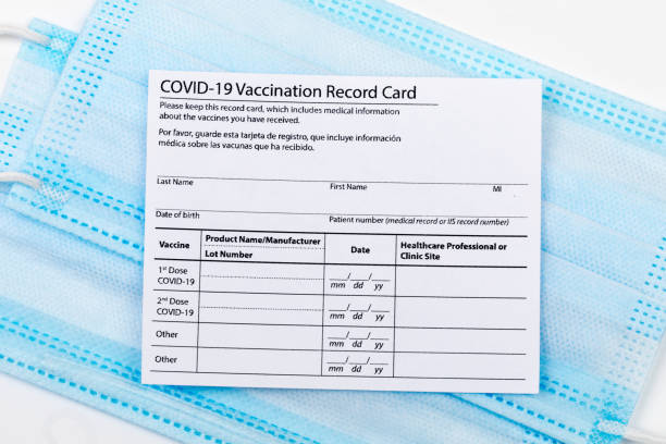 istock Coronavirus vaccination record card. Protective mask divided into two parts. Concept of defeating Covid-19 1361889766