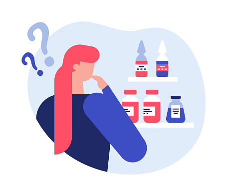 Choosing a medicine - modern colorful flat design style illustration on white background. The red-haired girl is confused and cannot decide which drug is best for treatment. Need medical advice idea