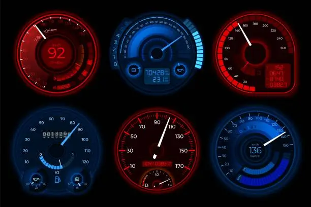 Vector illustration of Speedometer. Auto speedometers, car boost dashboard. Isolated circle automobile or motorbike power. Speed control panels recent vector set