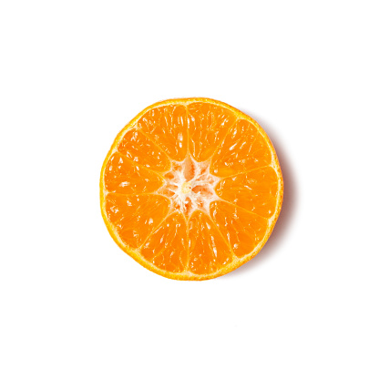 Slice of ripe tangerine isolated on white background.