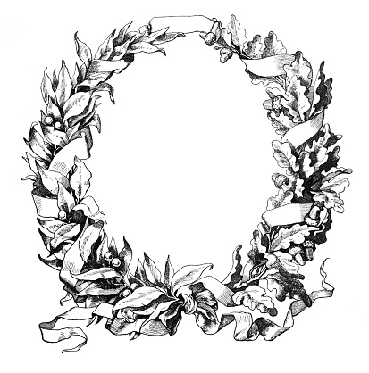 Laurel wreath with oak leaves and acorn drawing
Original edition from my own archives
Source : 1898 Velhagen Monatsheft
