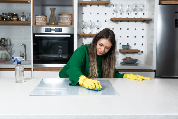 junge studentin reibt und reinigt ihre heimische küchentheke und ihr kochfeld in der mietwohnung. frau macht hygiene hausarbeit und haushalt in ihrem haus mit gelben handschuhen und schwamm. - cleaning domestic kitchen counter top housework stock-fotos und bilder