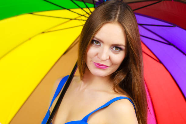 Woman fashionable summer girl standing under colorful rainbow umbrella, close up. Attractive female long hair model. Forecasting and weather season concept