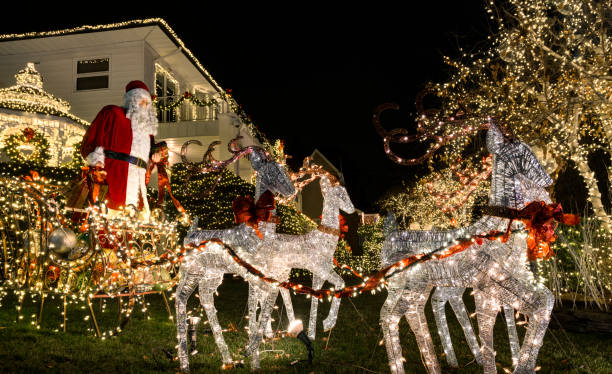 Christmas decorations at Dyker Heights - a neighborhood in Brooklyn known for its extravagant displays every Christmas. New York, USA stock photo