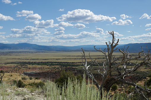 Scenic view of an arid valley near Abiquiu, New Mexico.