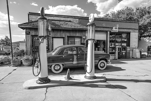 Williams, USA - July 8, 2008: old retro filling station in Williams, USA. In 1926,Highway 66 was established and  today, all of downtown Williams is on the National Register of Historic Places.