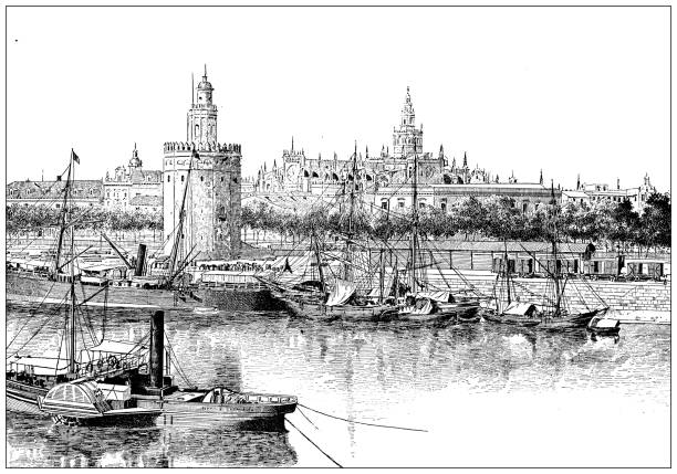 Antique illustration: Seville Antique illustration: Seville seville port stock illustrations