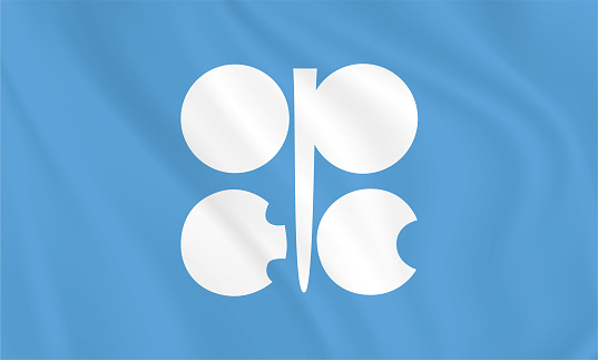 Flag of OPEC ( Organization of the Petroleum Exporting Countries ) OPEC Flag. Button with flag of OPEC