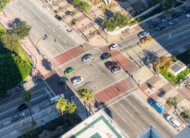 A high angle view of daytime traffic in the Civic Centre of the Los Angeles downtown district.