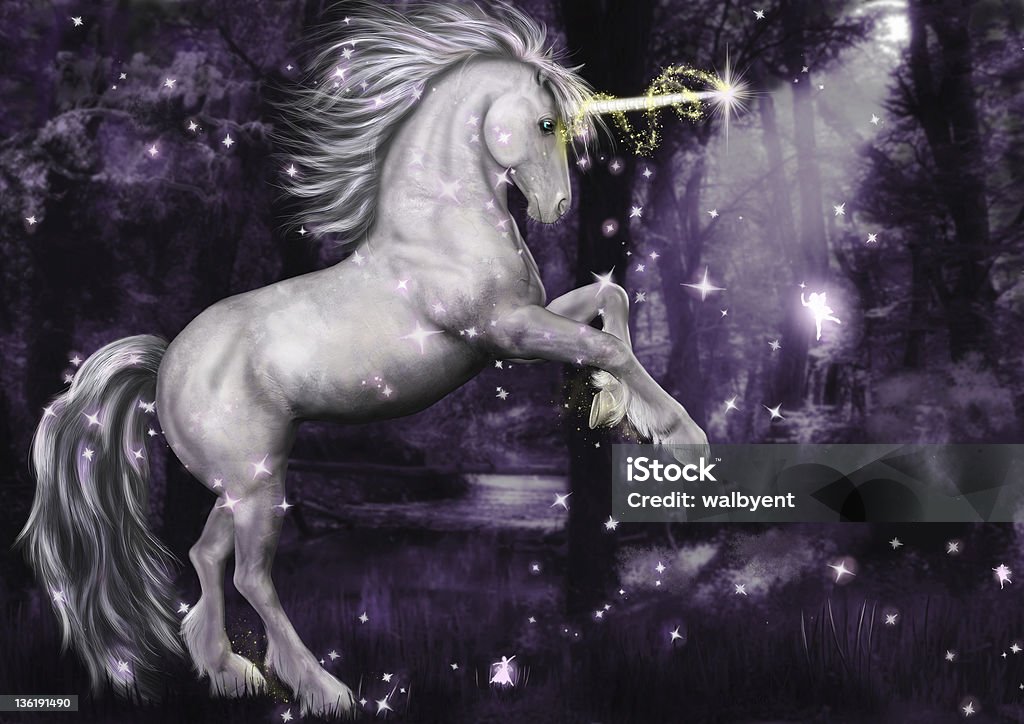 Unicorn Dancing in the Moonlight A digital render of a unicorn in a magical moonlit wood with tiny pixies. Unicorn Stock Photo