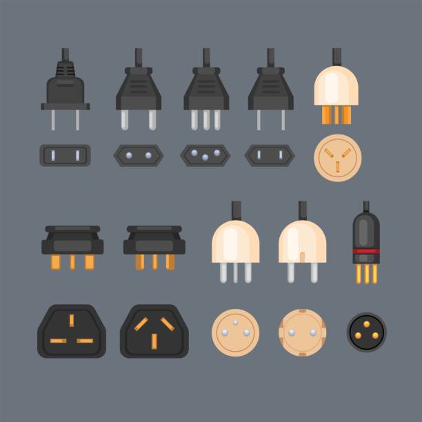 illustrations, cliparts, dessins animés et icônes de vecteur d’illustration de l’ensemble de types de prises électriques - electric plug outlet electricity cable
