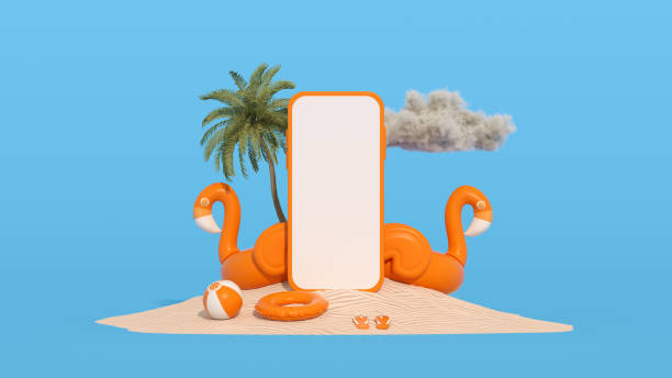istock Blank screen mobile smart phone summer beach holiday travel background on sand 1361919701