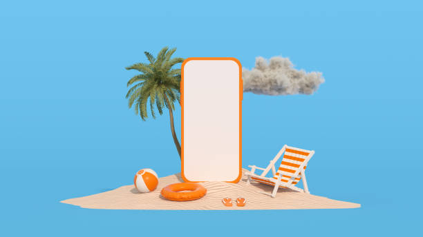 istock Blank screen mobile smart phone summer beach holiday travel background on sand 1361920299