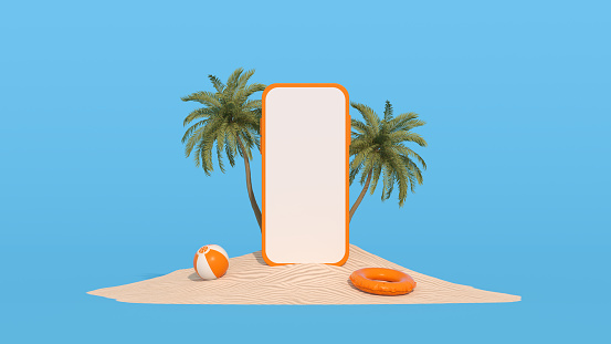 Blank screen mobile smart phone summer beach holiday travel background on sand