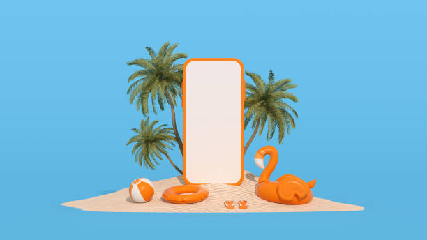 istock Blank screen mobile smart phone summer beach holiday travel background on sand 1361920403