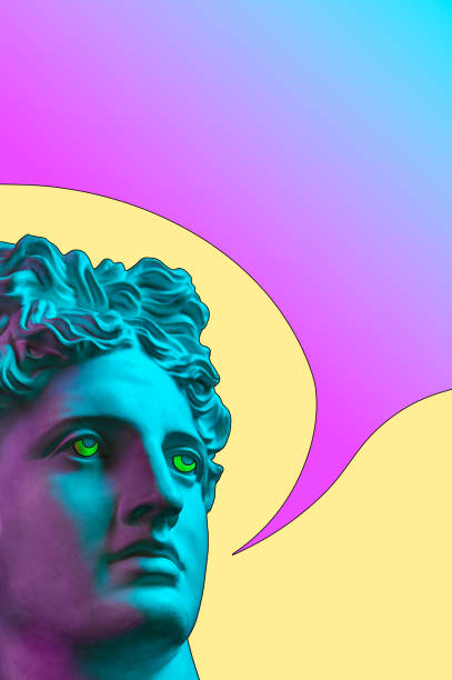 istock Collage with sculpture of human face in a pop art style. Creative concept image with statue head and comics bubble. Zine culture. Contemporary art poster. Comics design. Funky minimalism. Copy space. 1361920407