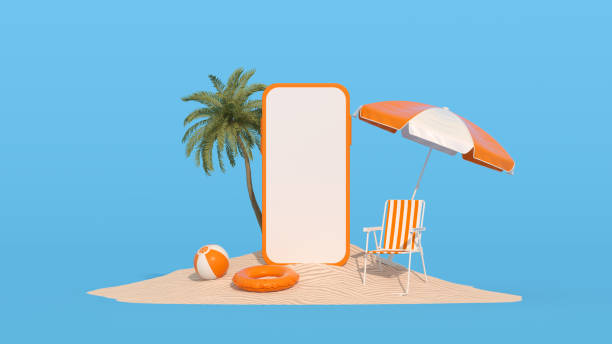 istock Blank screen mobile smart phone summer beach holiday travel background on sand 1361920441