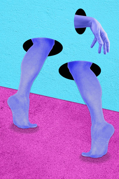 istock Collage with humans legs and palms in a surreal style. Modern creative concept image with foots and hands. Zine culture. Contemporary art poster. Surrealism design. Funky minimalism. Leg out of wall. 1361922030