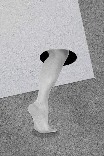 Collage with humans leg in a surreal style. Modern creative concept image with foot. Zine culture. Contemporary art poster. Surrealism design. Funky minimalism. Leg out of the wall. Collage with humans leg in a surreal style. Modern creative concept image with foot. Zine culture. Funky minimalism. Contemporary art poster. Surrealism design. Leg out of the wall. legs against the wall stock pictures, royalty-free photos & images