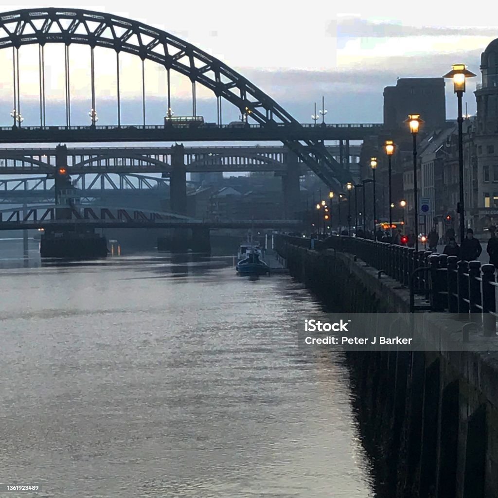 Tyne Bridge and quayside, Newcastle upon Tyne, England Bridge - Built Structure Stock Photo